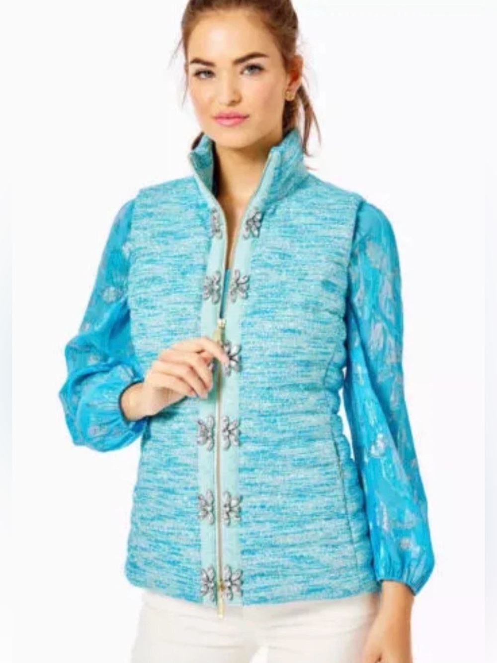 Lilly Pulitzer Noella Vest Boucle Rhinestone Turquoise Blue Small